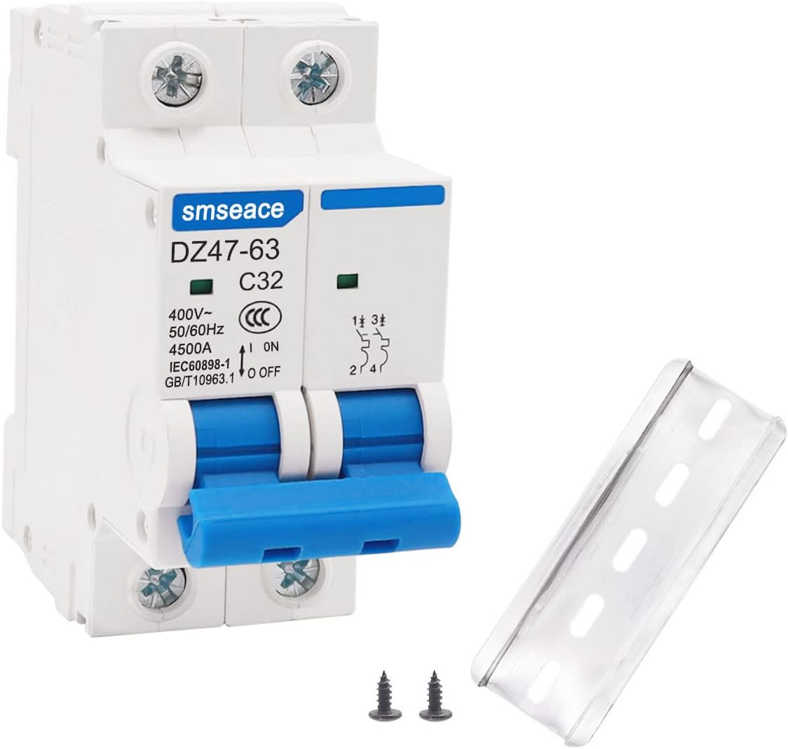 Miniature Circuit Breaker Low Voltage AC 32A 400V,2 Poles AC Disconnect Switch C32 DIN Rail Mount Used to Protect Circuit Equipment