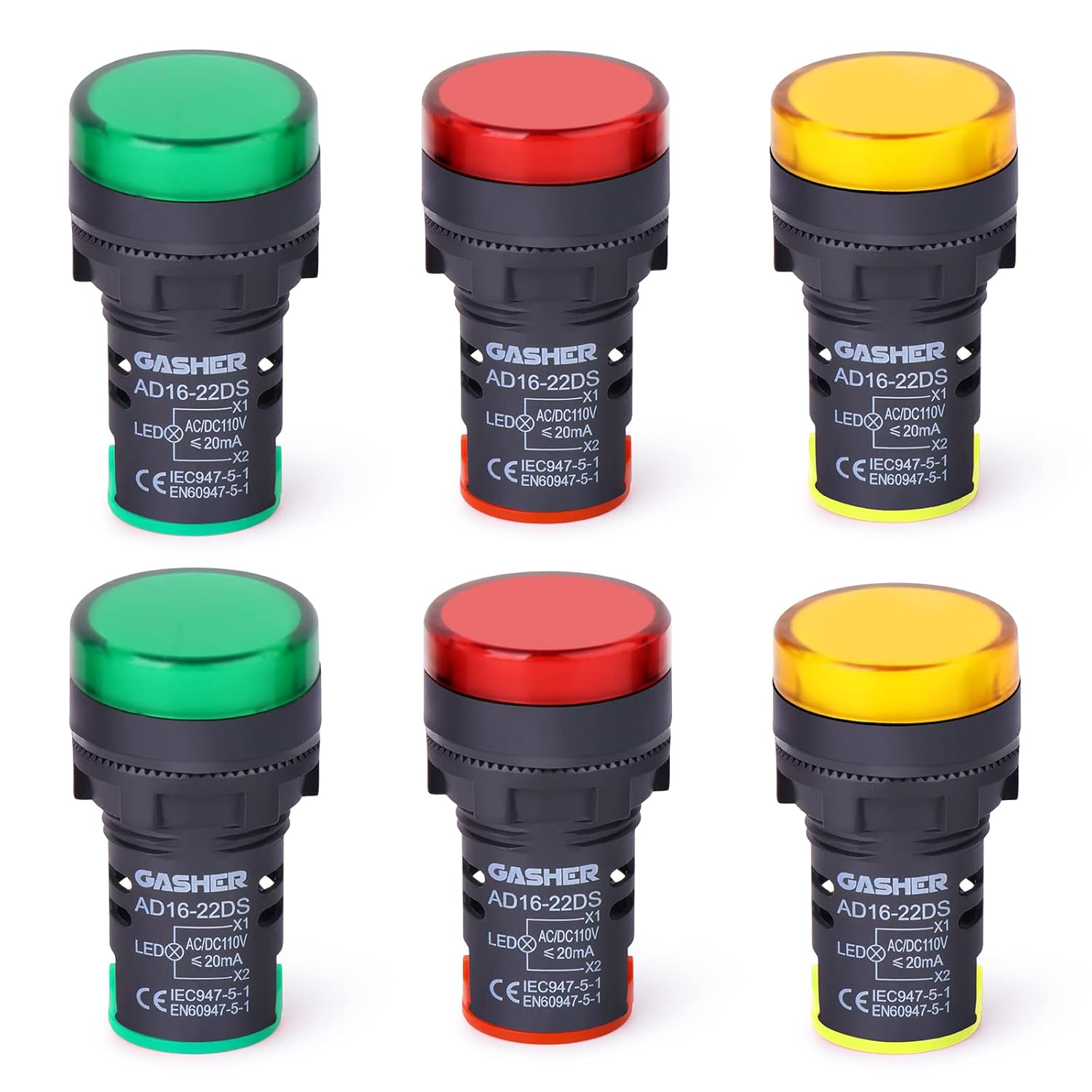 12V/24V/110V 20Ma Energy Saving Indicator Light Mounting Hole Size 22Mm (7/8 Inch) Red Green Yellow (110V) 6 Pcs