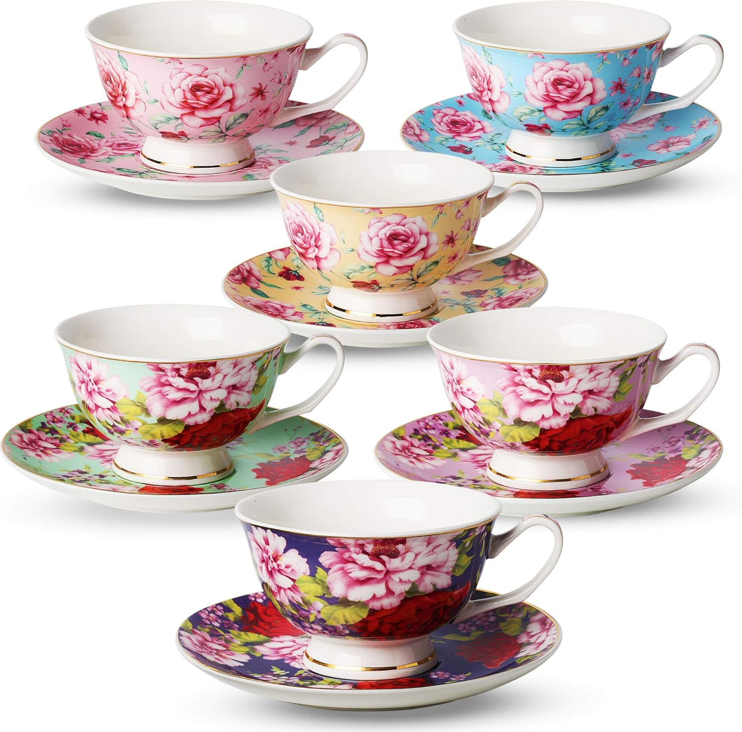 Btat- Tea Cups, Tea Cups and Saucers Set of 6, Tea Set, Floral Tea Cups (8Oz), Tea Cups and Saucers Set, Tea Set, Porcelain Tea Cups, Tea Cups for Tea Party, Rose Teacups, China Tea Cups (Bone China)
