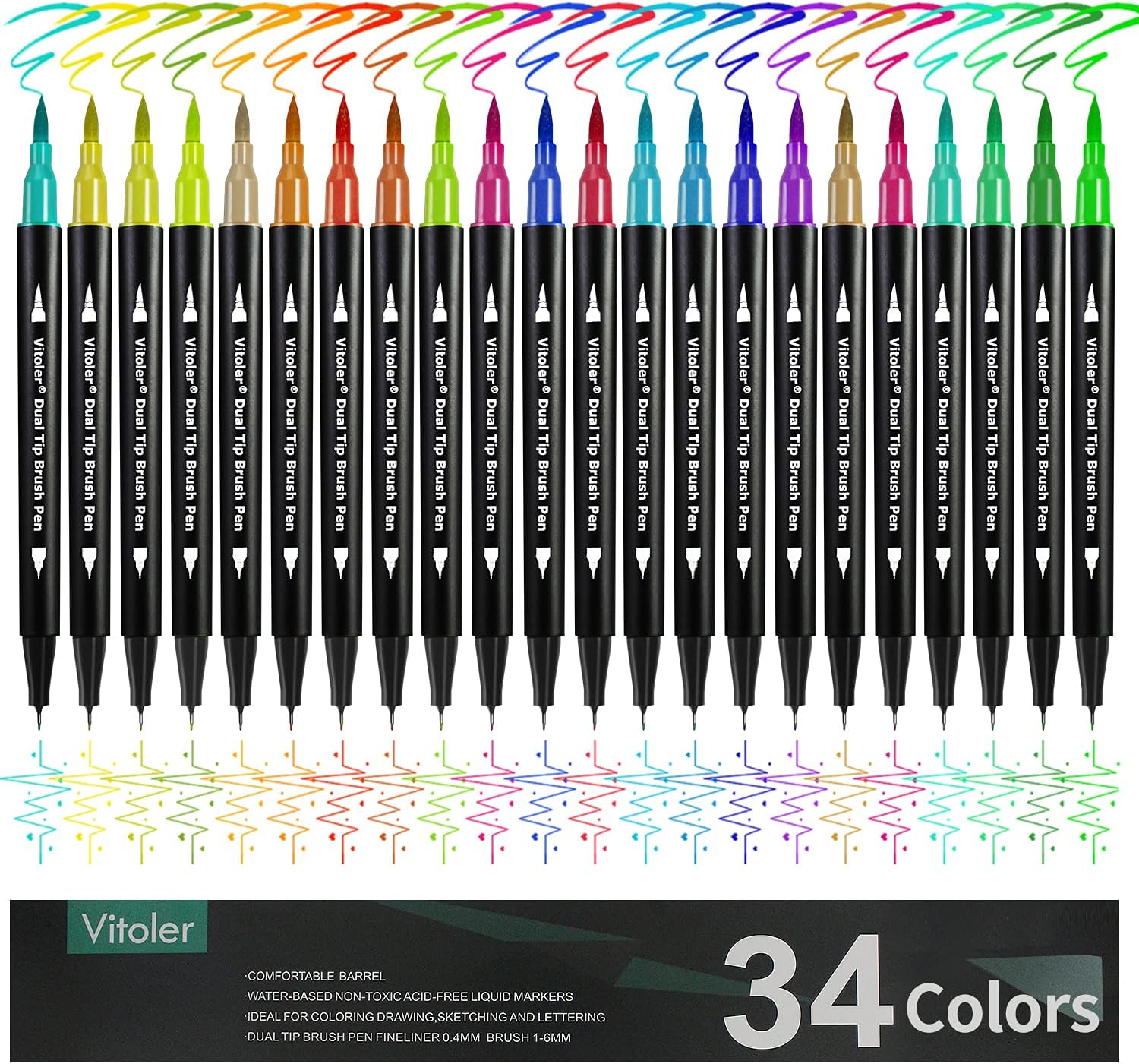 Vitoler Markers,34 Colored Brush Markers Dual Tip Brush Pens for Art Supplies