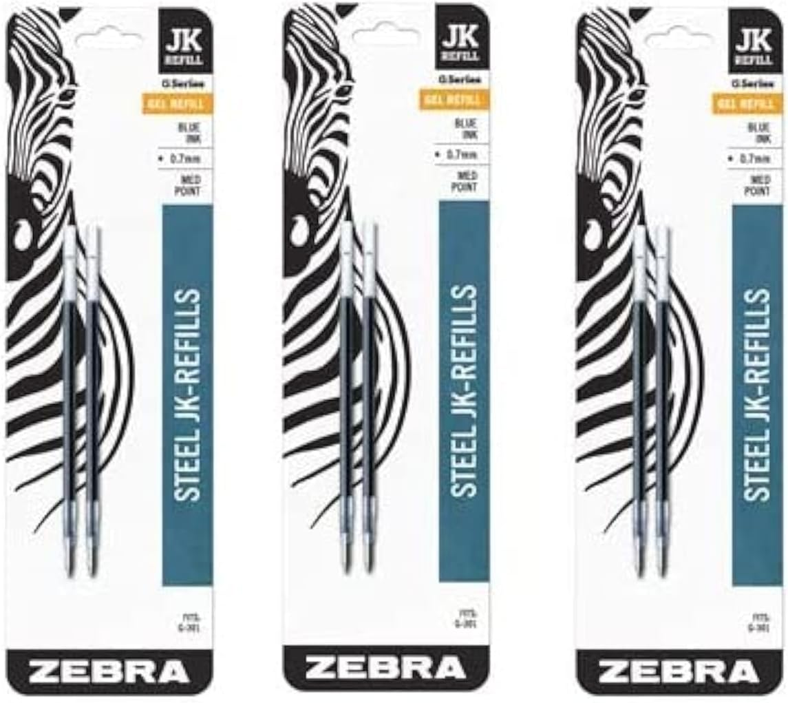 Zebra Jk-Refll G301 Retractable Ballpoint Pen Refills, 0.7Mm, Medium Point, Blue Ink, 6 Count (3Packs X 2 Refills Each)