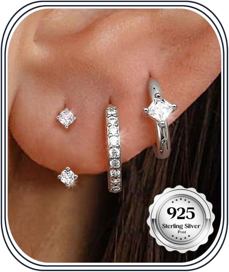 3 Pairs 925 Sterling Silver Earrings for Women, 14K Gold Plated Small Huggie Hoop Earrings Sets for Multiple Piercing, CZ Cartilage Earrings Stacks Trendy Earrings for Sensitive Ears Hypoallergenic Jewelry Gifts