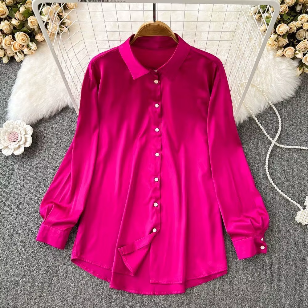Fashion Casual Satin POLO Collar Single Breasted Long Sleeve Irregular Shirt Top Women Fall