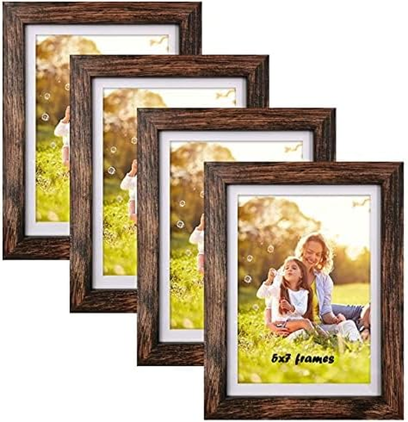 5X7 Picture Frames Wood Brown 4 Packs Tabletop Display Wall Mount Pictures NEW