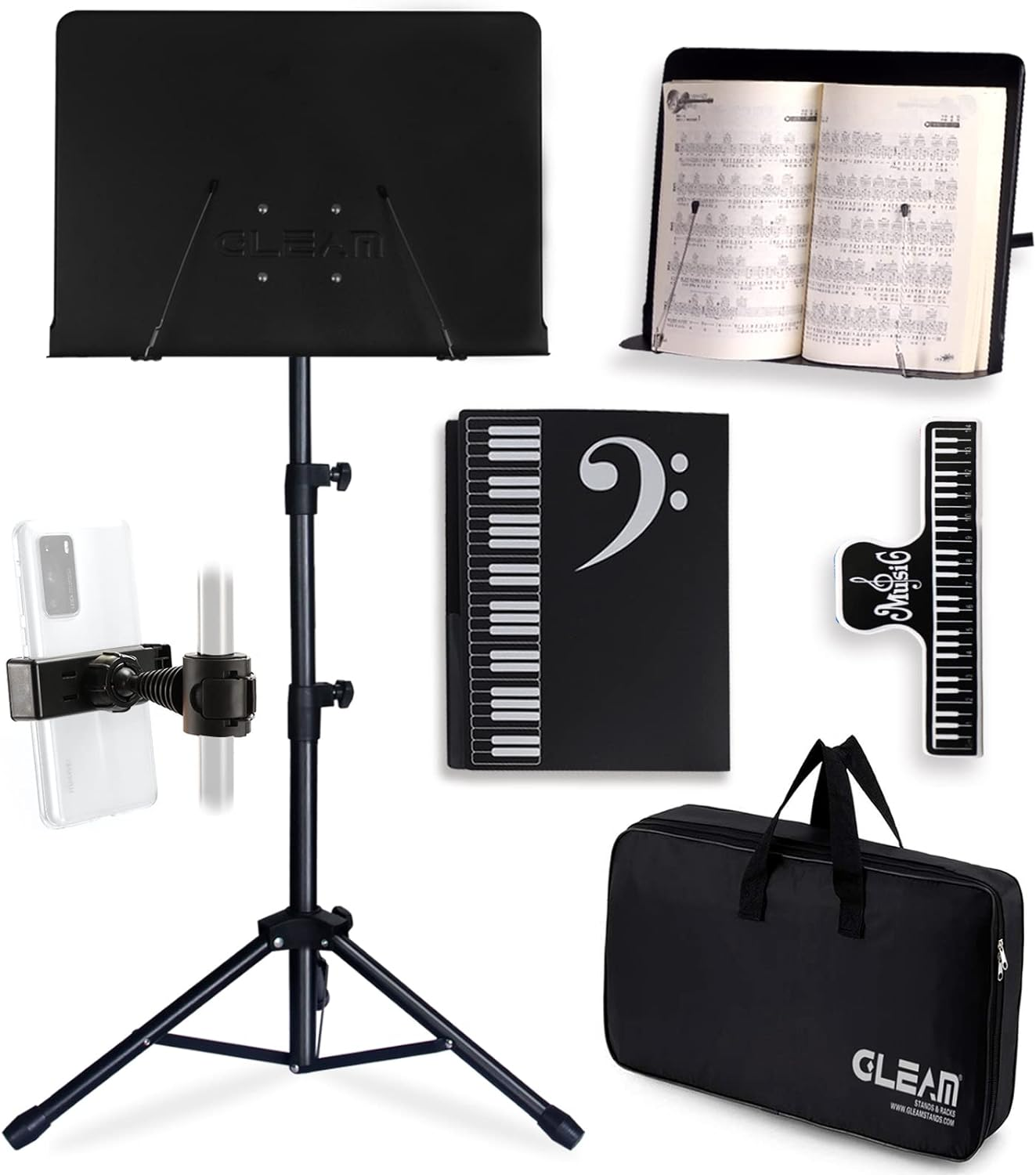 Sheet Music Stand - Full Metal with Carrying Bag, Phone Holder, Sheet Music Folder and Clip, 5 in 1 Desktop Book Stand