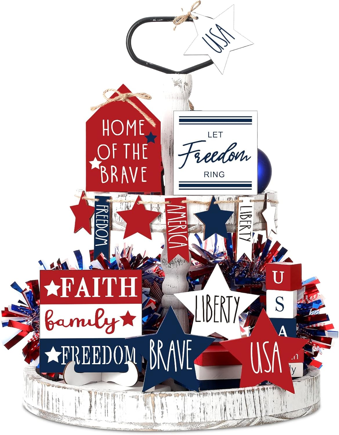15 Pcs 4Th of July Tiered Tray Decor Patriotic Table Decor Wood Signs Independence Day Decorations for Memorial Day American 250Th Anniversary USA Star Red White Blue Party Farmhouse Home
