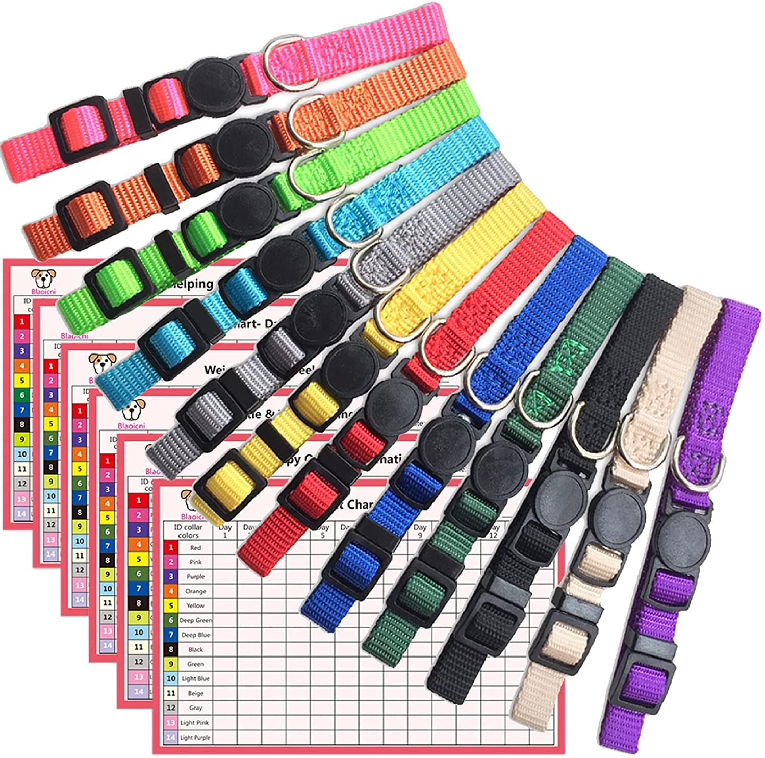 Puppy ID Collar Identification Soft Nylon Adjustable Breakaway Safety Whelping Litter Collars for Newborn Pets with Record Keeping Charts 12Pcs/Set (S)
