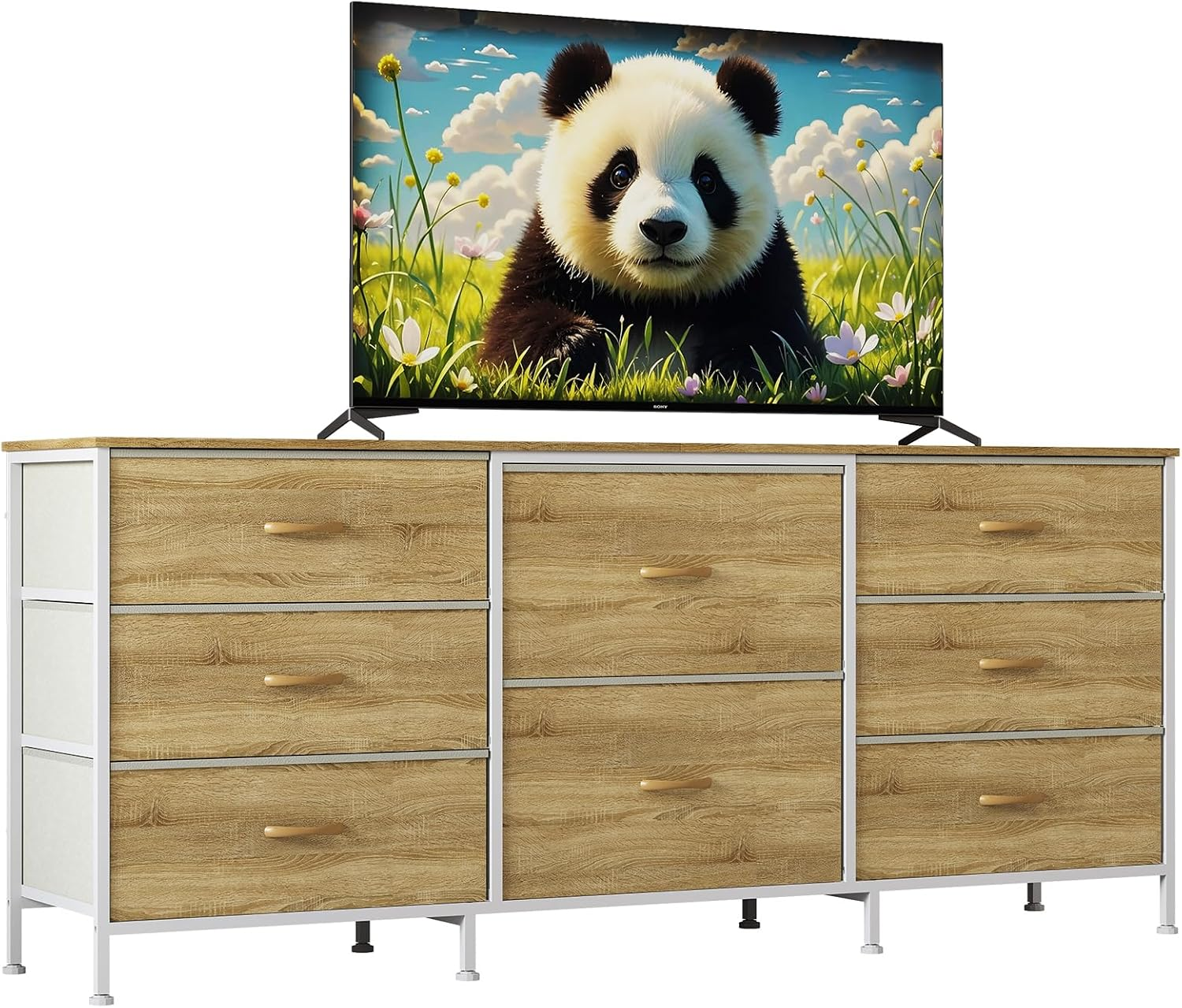 8-Drawer Fabric Dresser & TV Stand with Wooden Top, Natural Finish