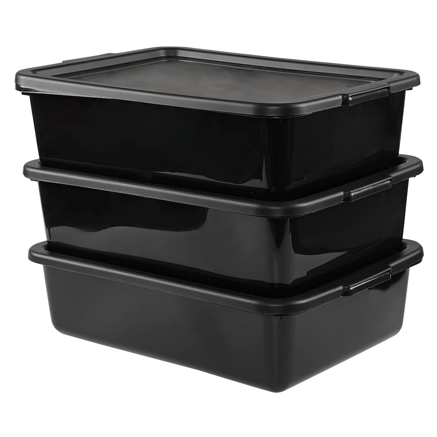 3 Packs 13 L Restaurant Bus Tubs with Lid, Black Commercial Dish Tubs Plastic