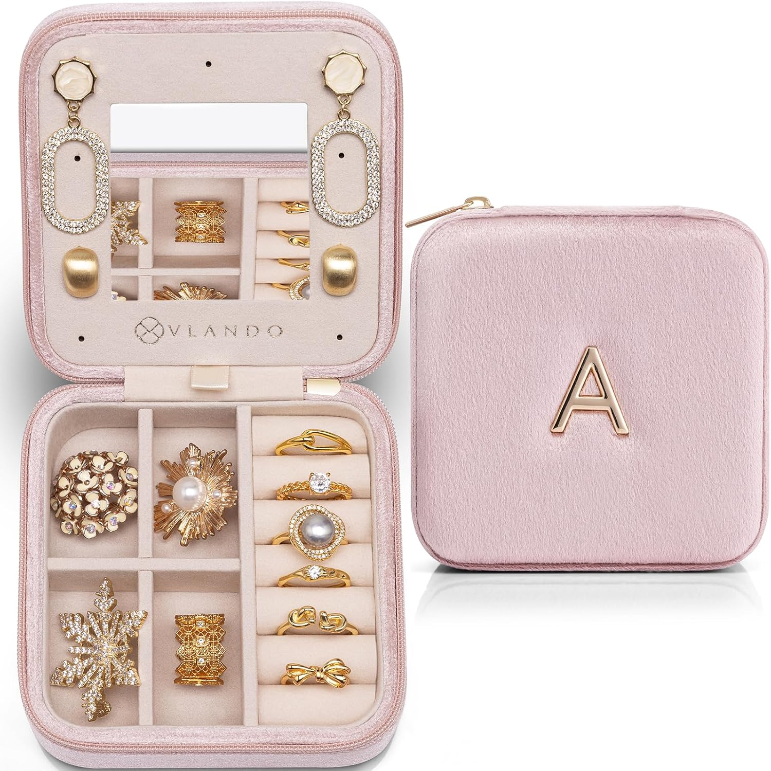 Stocking Stuffers for Teen Girls, Travel Jewelry Case for Women, A Initial Jewelry Case, Mini Jewelry Travel Organizer Travel Essentials for Travel Gift Teen Girls - Letter A, Pink