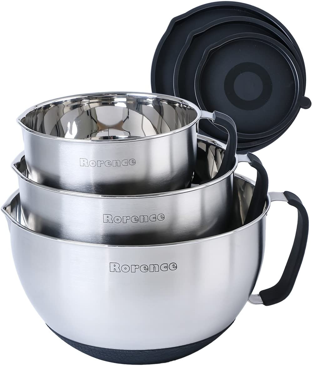 Stainless Steel Non-Slip Mixing Bowls with Pour Spout, Handle and Lid, Set of 3, Black