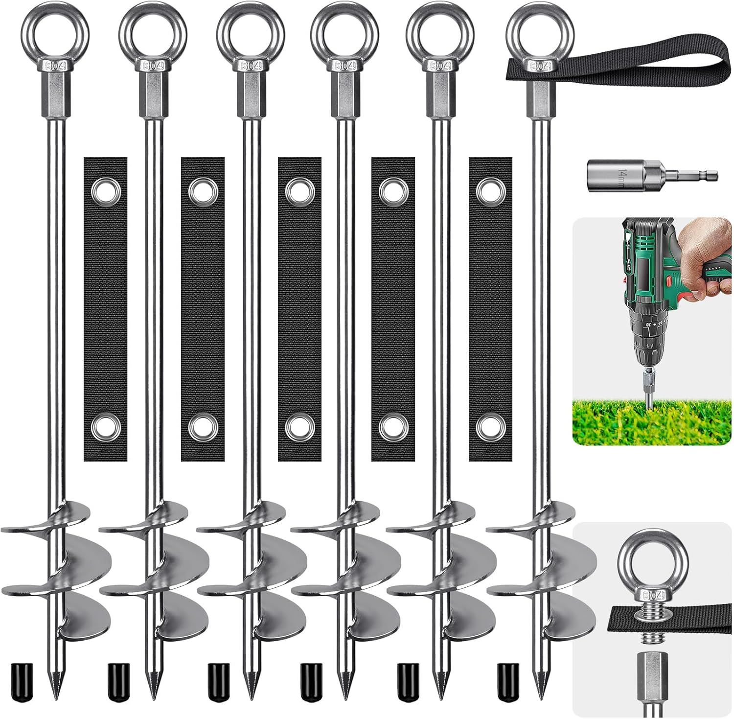 24'' Ground Anchors Screw in - Heavy Duty Trampoline Anchors - Shed Anchor Kit - Mobile Home Anchors - Earth Anchors for Swing Sets, Gazebos, Carports, and Hurricane, 6Pcs