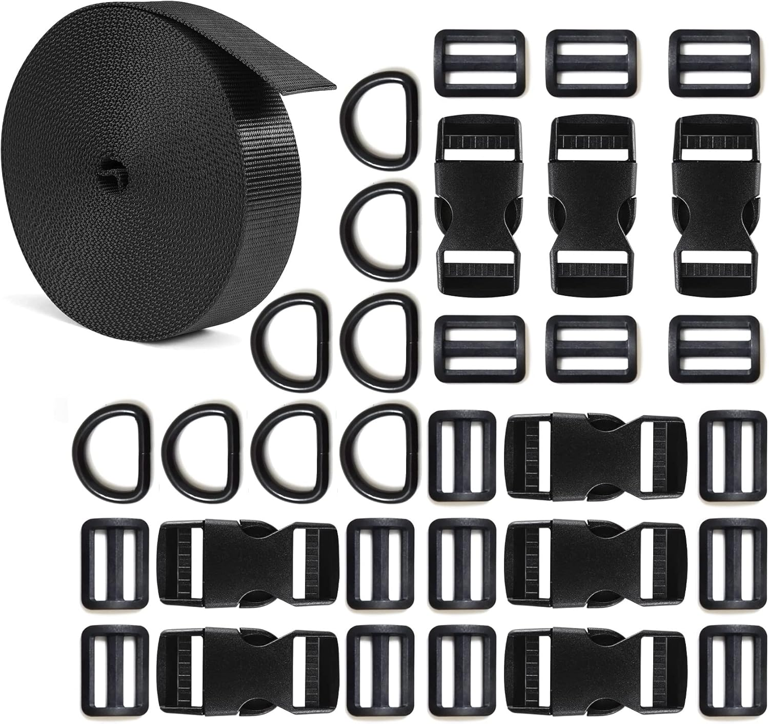 1 Inch Nylon Webbing Strap Set 10 Yards with Buckles D-Rings Tri-Glide Clips