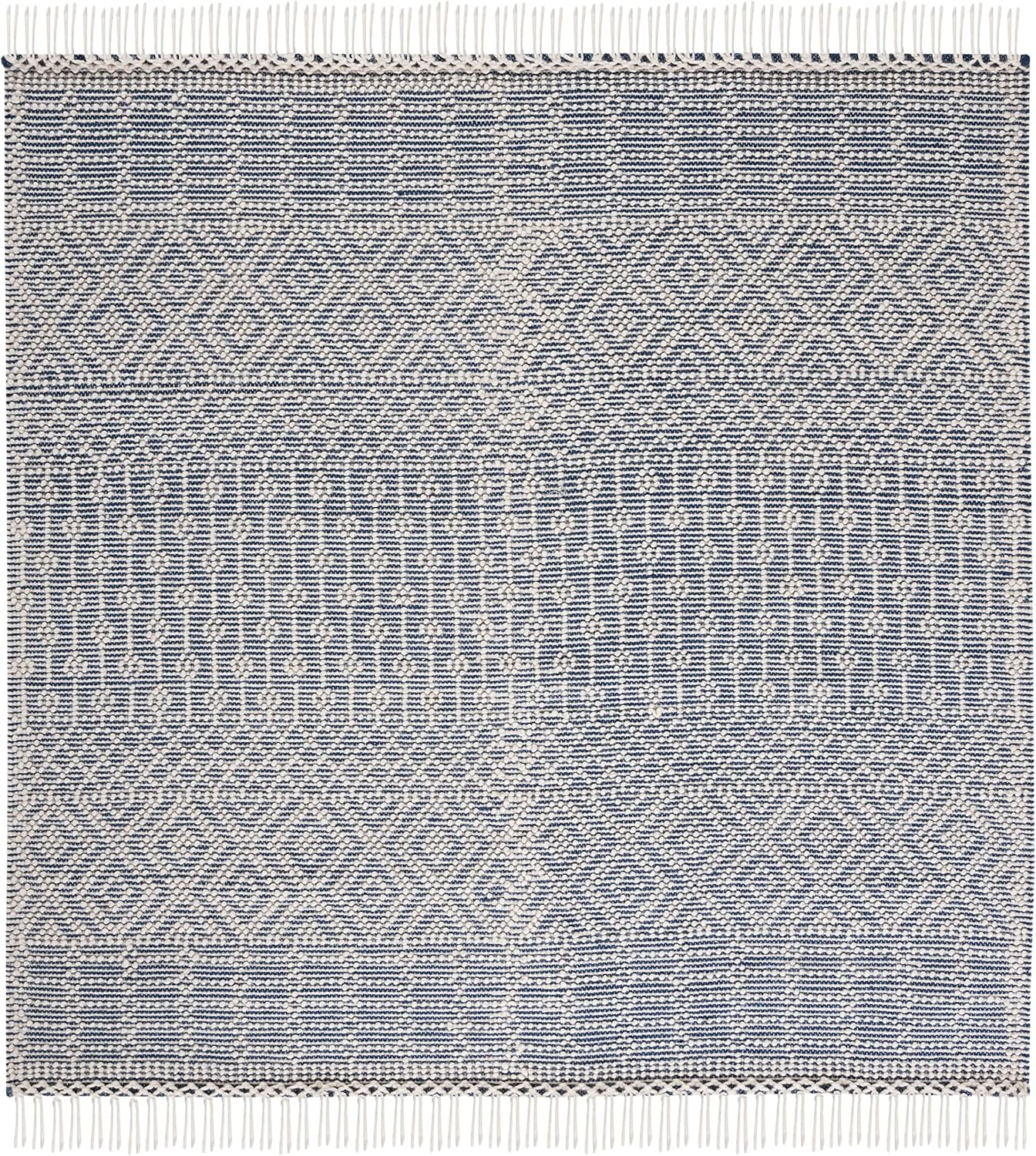 Natura Collection Area Rug - 4' Square, Ivory & Blue, Handmade Moroccan Boho Wool Fringe, Ideal for High Traffic Areas in Living Room, Bedroom (NAT852M)