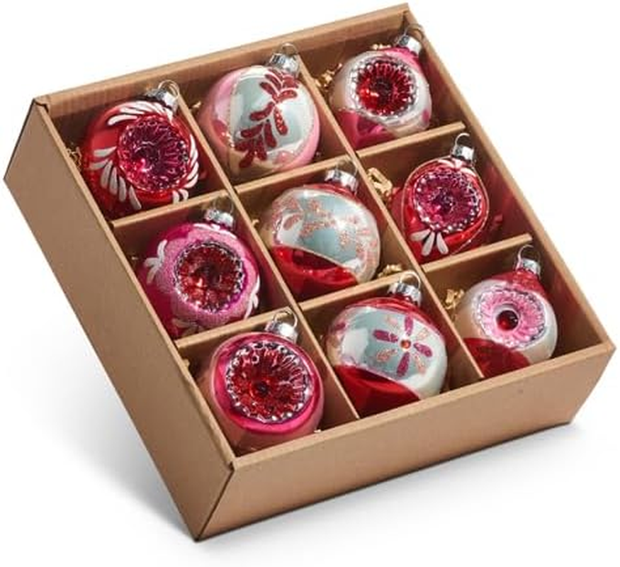 RAZ Imports Box of Pink Vintage Ornaments, Glass, Set of 9, Christmas, Home Decor