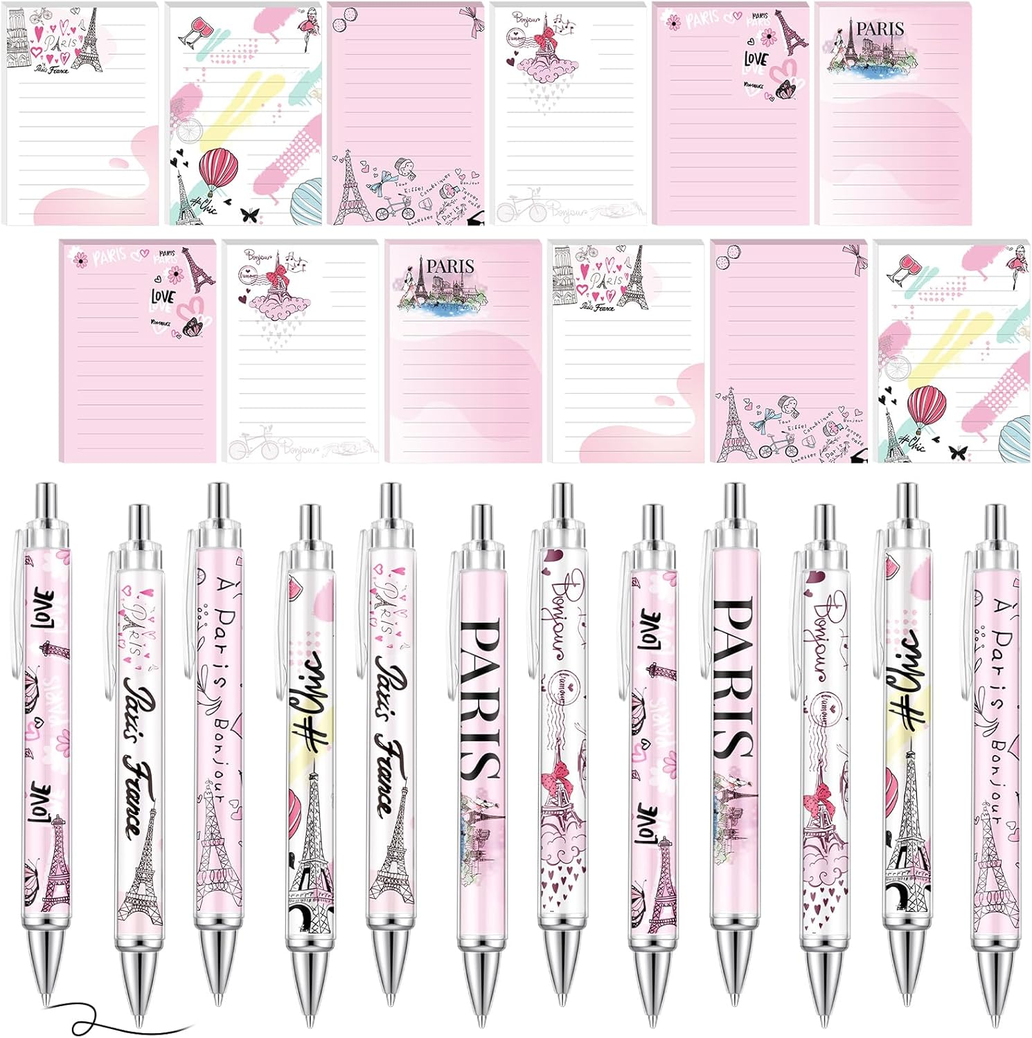 24 Pcs Paris Gifts Set Paris Notepads with Pens Cute Self Stick Notes Pens for Lover Sticky Notes Ballpoint Bulk for Traveler Birthday Party Gifts(Pink)