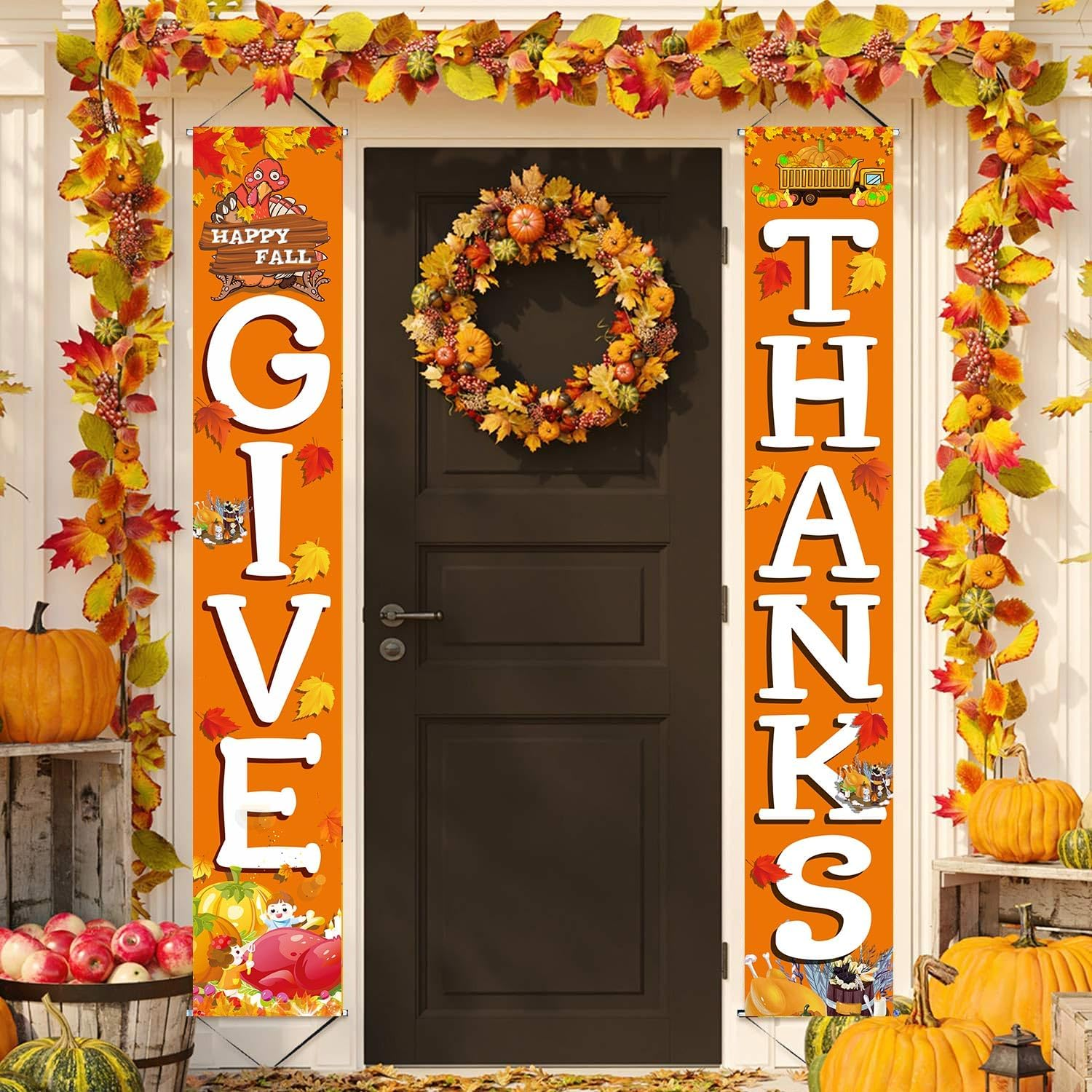 GIVE THANKS Hanging Banner Porch Sign Autumn Pumpkin Maple Leaf Backdrop Flag Fall Harvest Welcome Banner for Indoor Outdoor Wall Door Decoration Thanksgiving Party Decorations 72