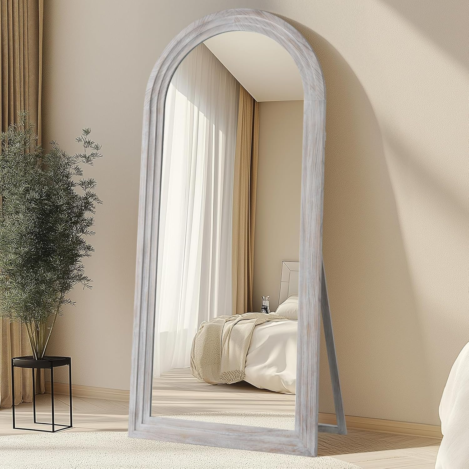 Arched Full Length Mirror with Solid Wood Frame, 71