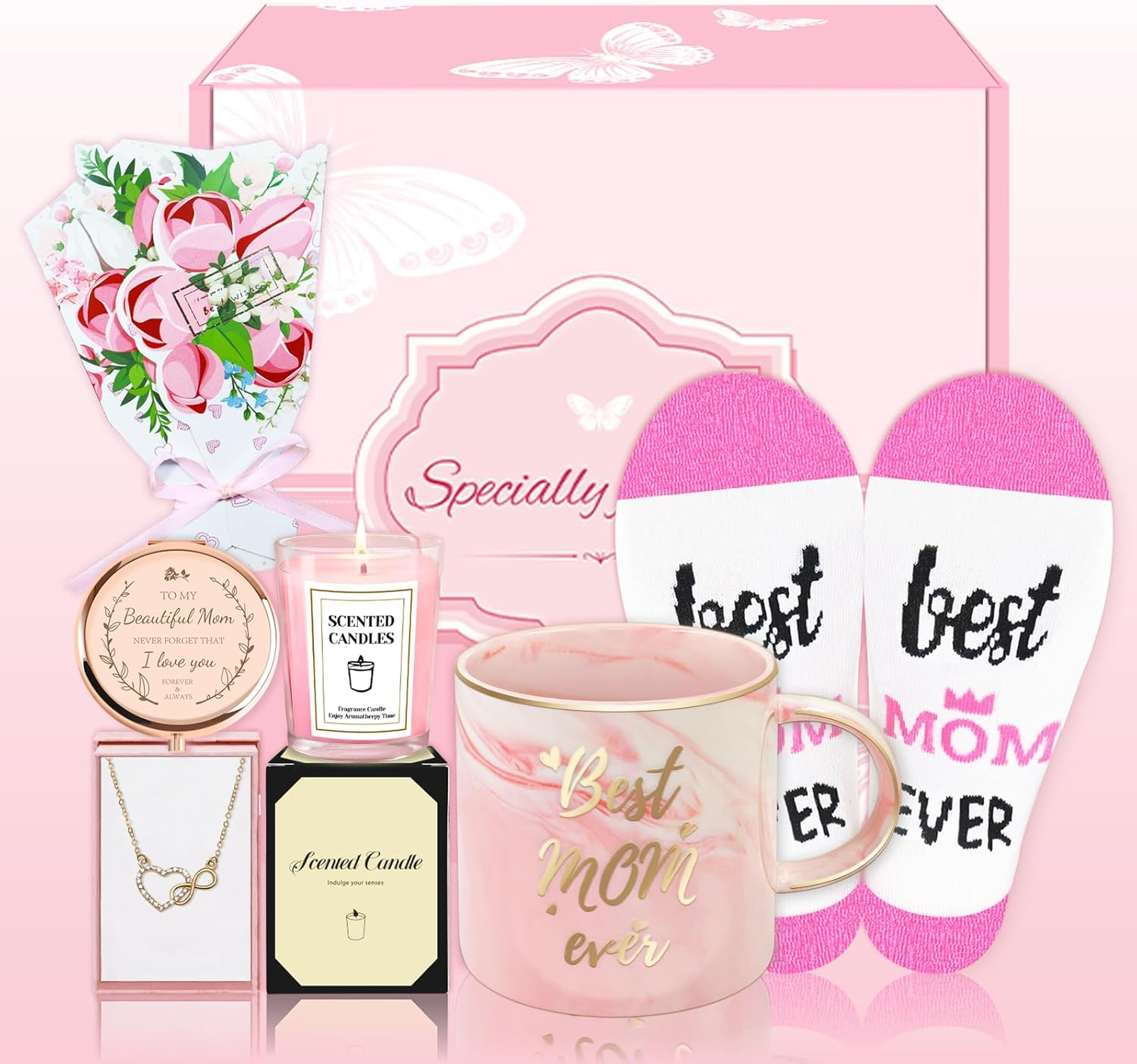 Birthday Gifts for Mom, Mom Gifts from Daughter or Son, Mother'S Day Gift Basket, Moms Gift for Valentines, Mothers Day, Christmas, Mother Basket with 12 Oz Ceramic Mug, Mirror, Necklace