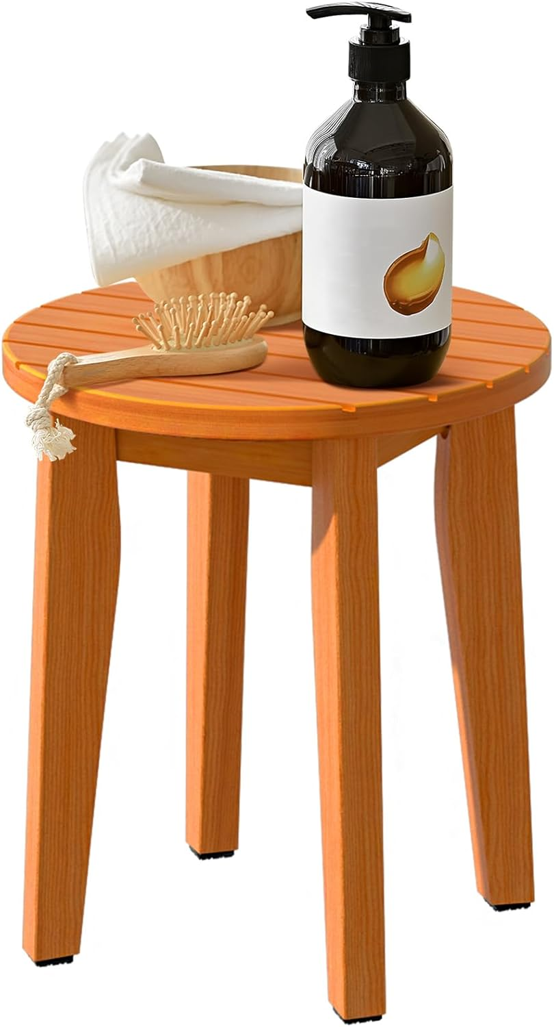 Round 16 Inch Bamboo Waterproof Shower Bathroom Stool Chair, Duty Wooden Bath Corner Shaving Legs Bench Seat (Honey Bamboo, XL)