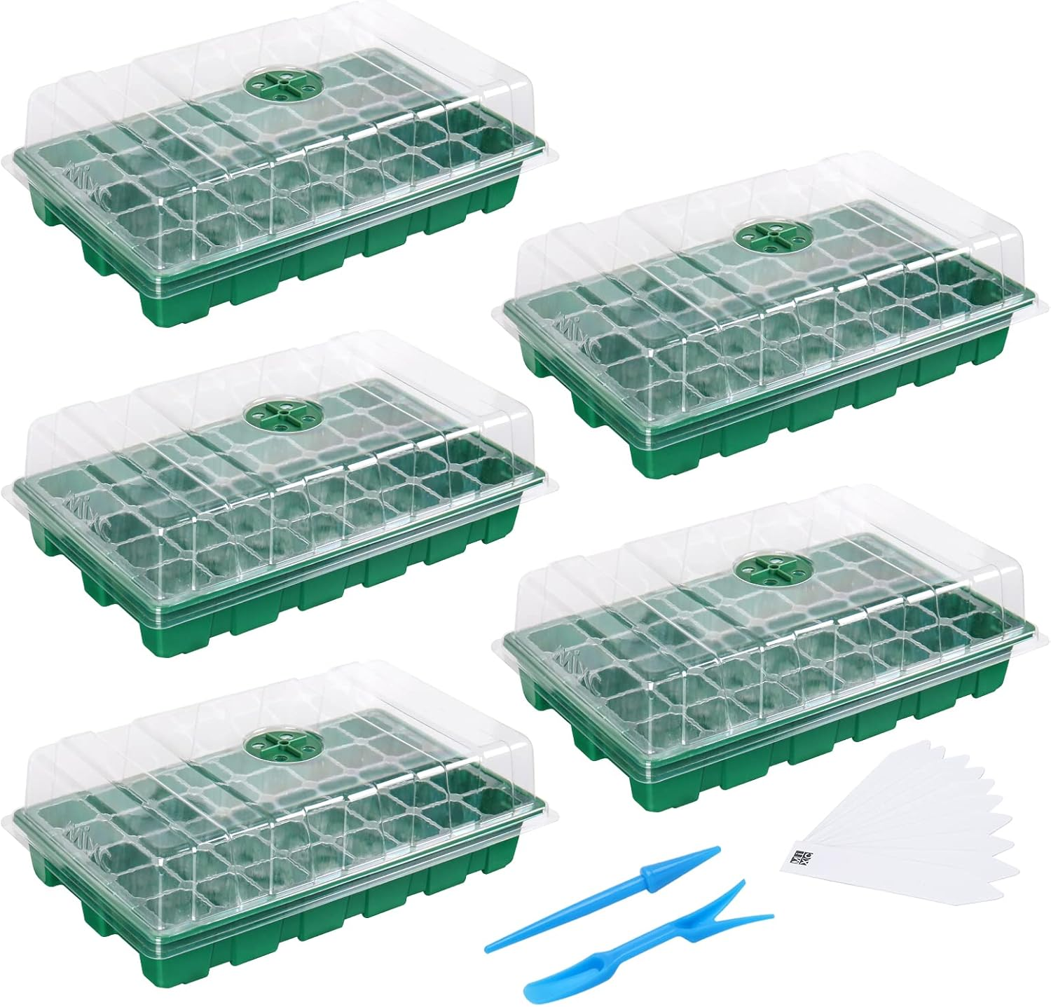 5-Pack Seed Starter Trays 200 Cells w/ Vented Domes & Base