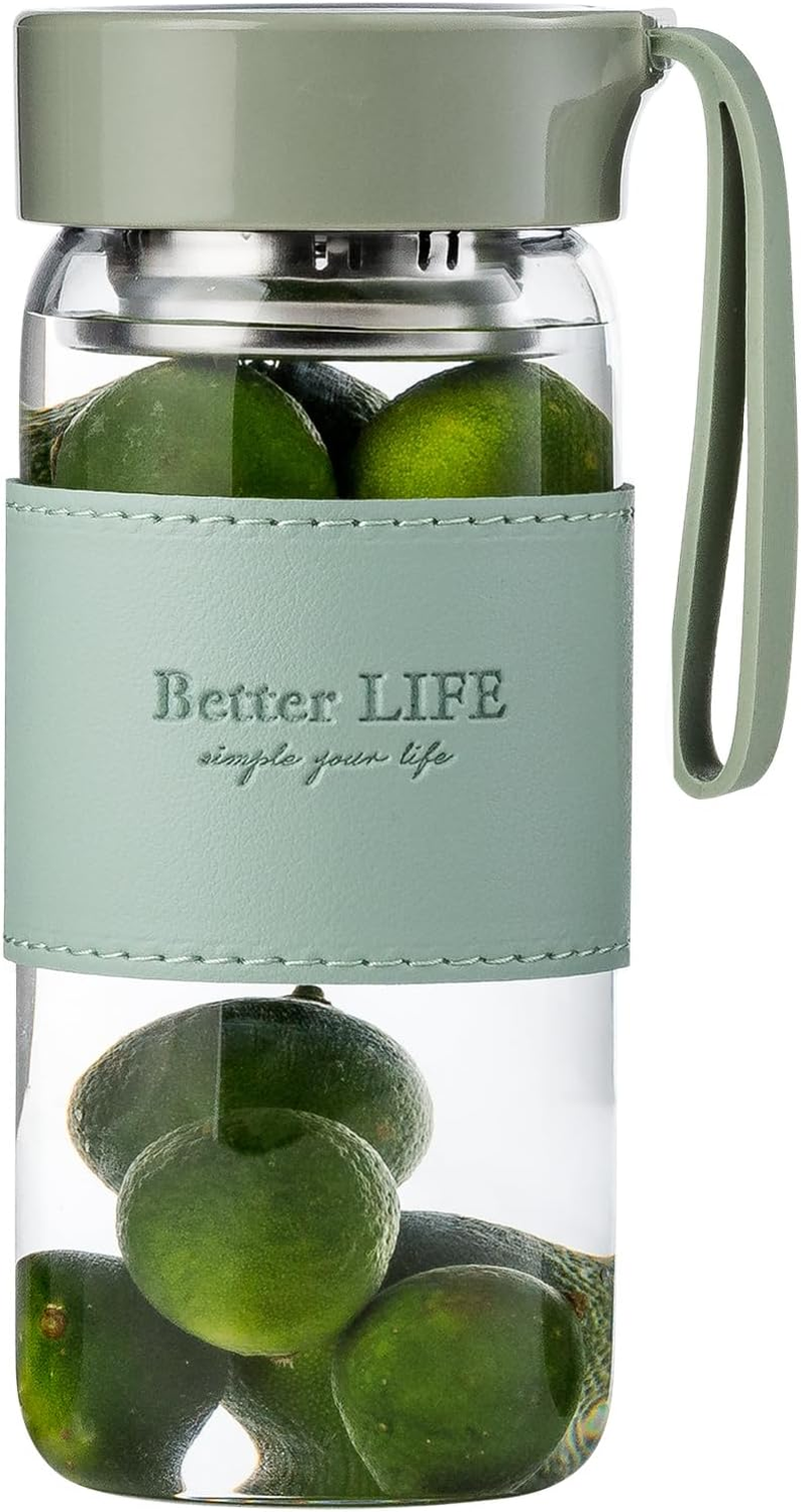 Glass Tea Bottle 16 Oz Drinking Bottle with Non-Slip Holster, and Stainless Tea Infuser,Leak Proof Lid,Portable Glass Water Bottle for School, Office, Car & Home,As a Gift, Etc (Green)