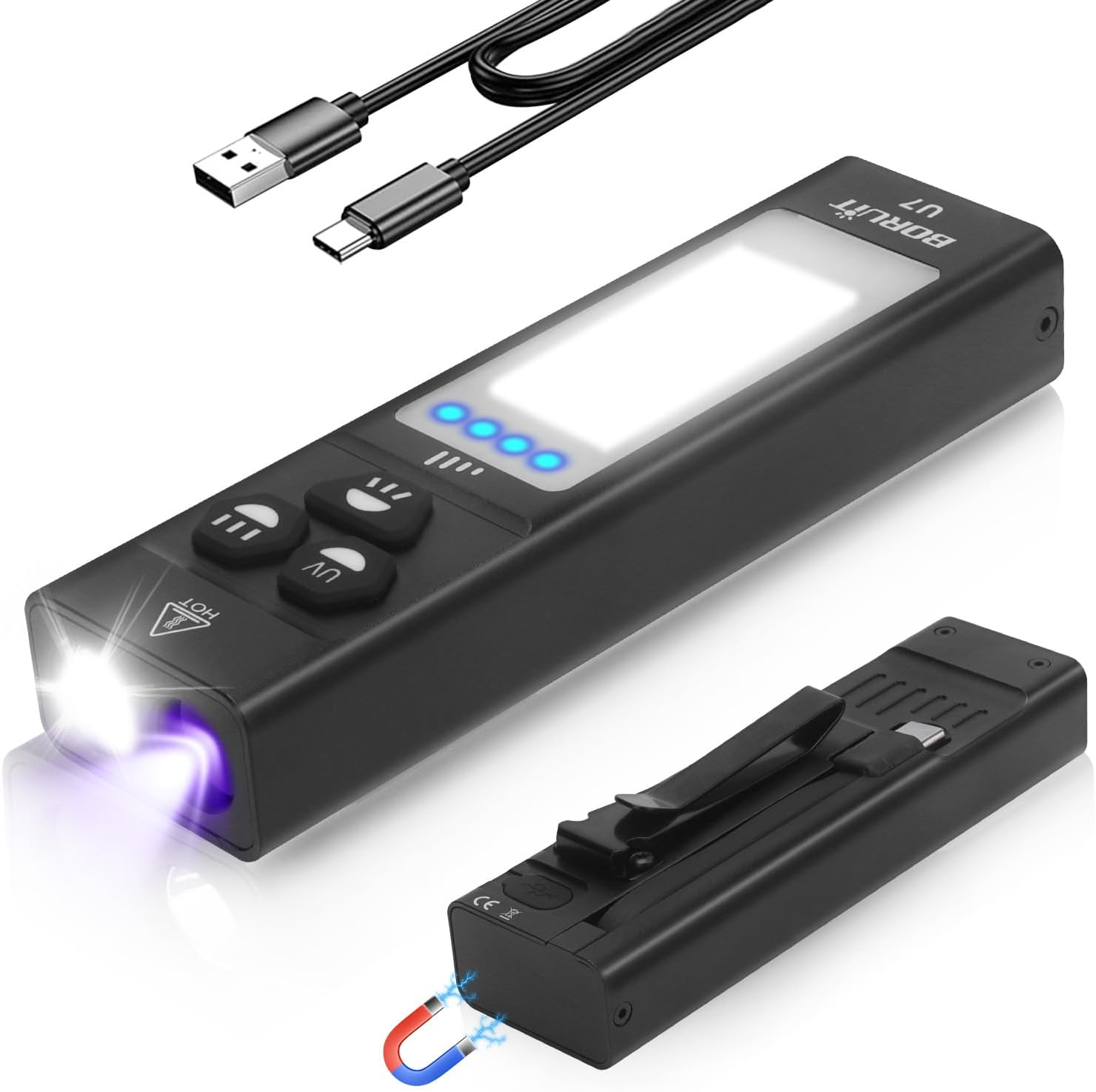 Linterna LED EDC Plana 1100 Lúmenes Recargable USB C Luz UV 365nm RGB Magnetica