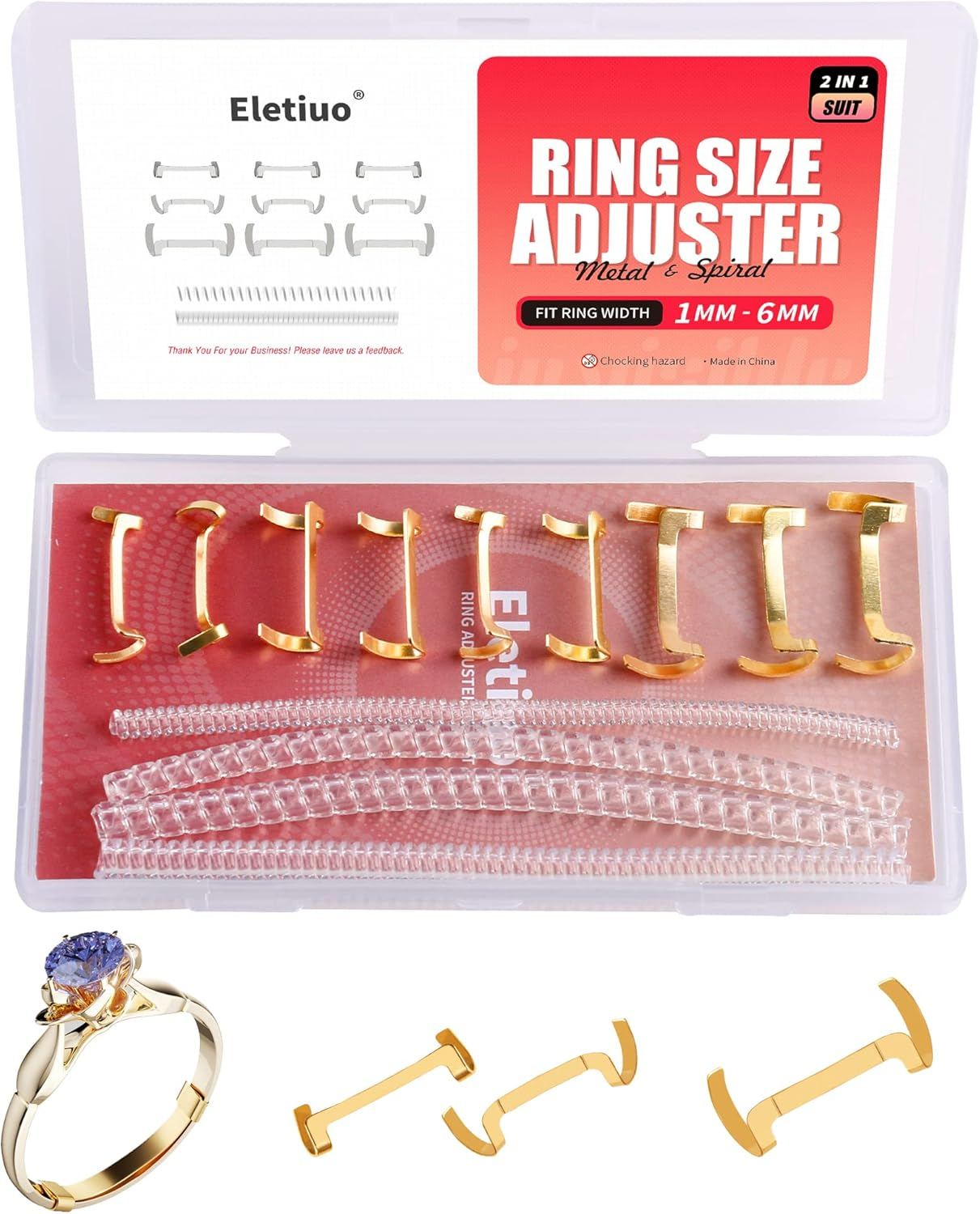 ELETIUO 13 Pack Filled Gold Metal Ring Guard with 4 Sizes Spirals,Invisible Ring