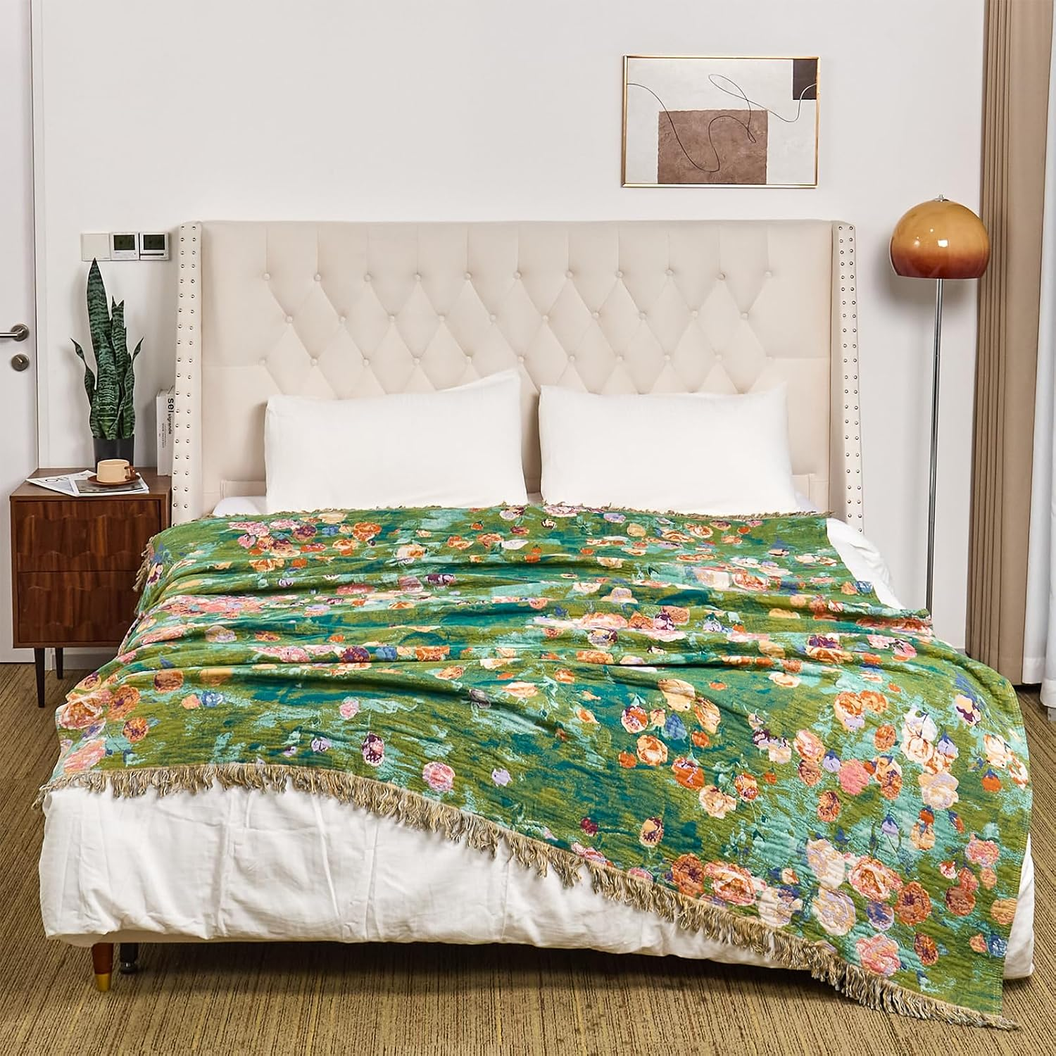 Boho Throw Blanket for Bed 90"X 90" Quilted Cotton Reversible Green