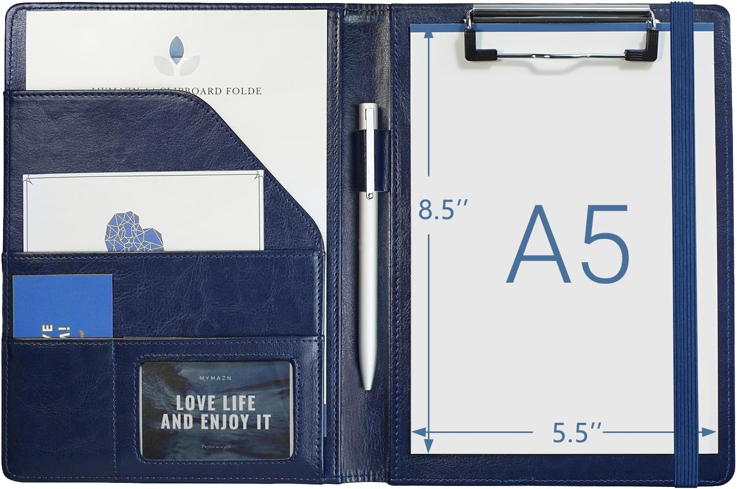 Small Padfolio Clipboard A5 Folder for Writing Pad Refillable 5 X 8 Note Pad,  Faux Leather Clipboard Folder Junior Size Portfolio 5X8 Folio Clip Board (Blue)