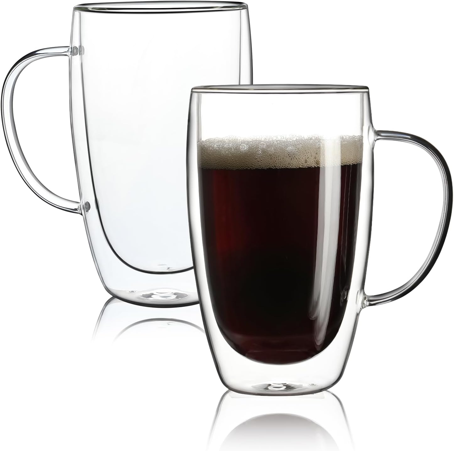 2 Pack Double Walled Glass Coffee Mugs with Handles, Large Insulated Layer Coffee Cups, 15Oz Clear Borosilicate Mugs, Perfect for Cappuccino, Tea, Microwave Safe