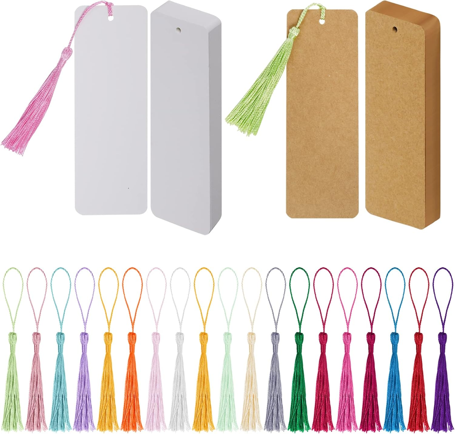60 Pcs Kraft Paper Blank Bookmarks with 60 Pcs Colorful Tassels Paper Bookmarks for DIY Art Projects, School Supply, Gifts Tags 5.5X2 Inch (60)