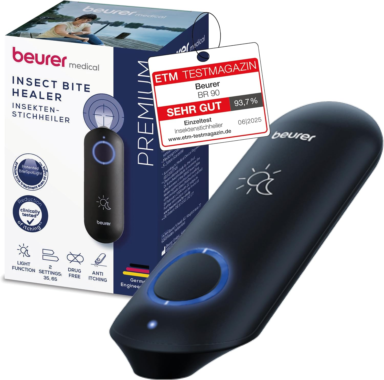 Beurer Bitex Day&Night Insect Bite Healer BR 90, Mosquito Bite Heat Pen for the Treatment of Insect Bites and Stings, Electronic Bite Healer, with Light for Usage in the Dark, Travel Gadget