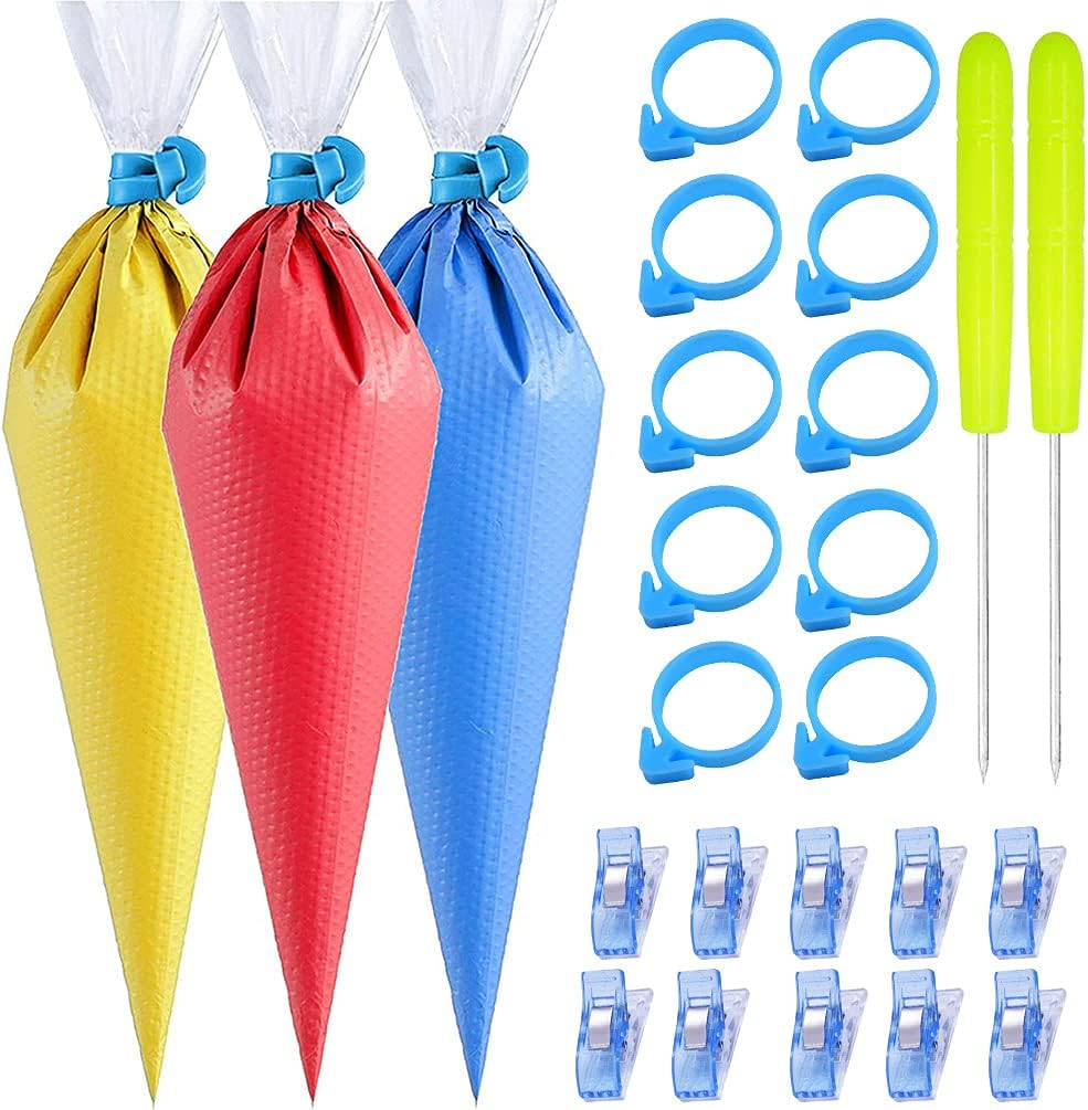122Pieces Tipless Piping Bags - 100Pcs Disposable Piping Pastry Bag for Royal Icing/Cookies Decorating - 10 Pastry Bag Ties,10 Clips &2 Scriber Needle - Best Cookie/Cake Decorating Tools (10 Inch)
