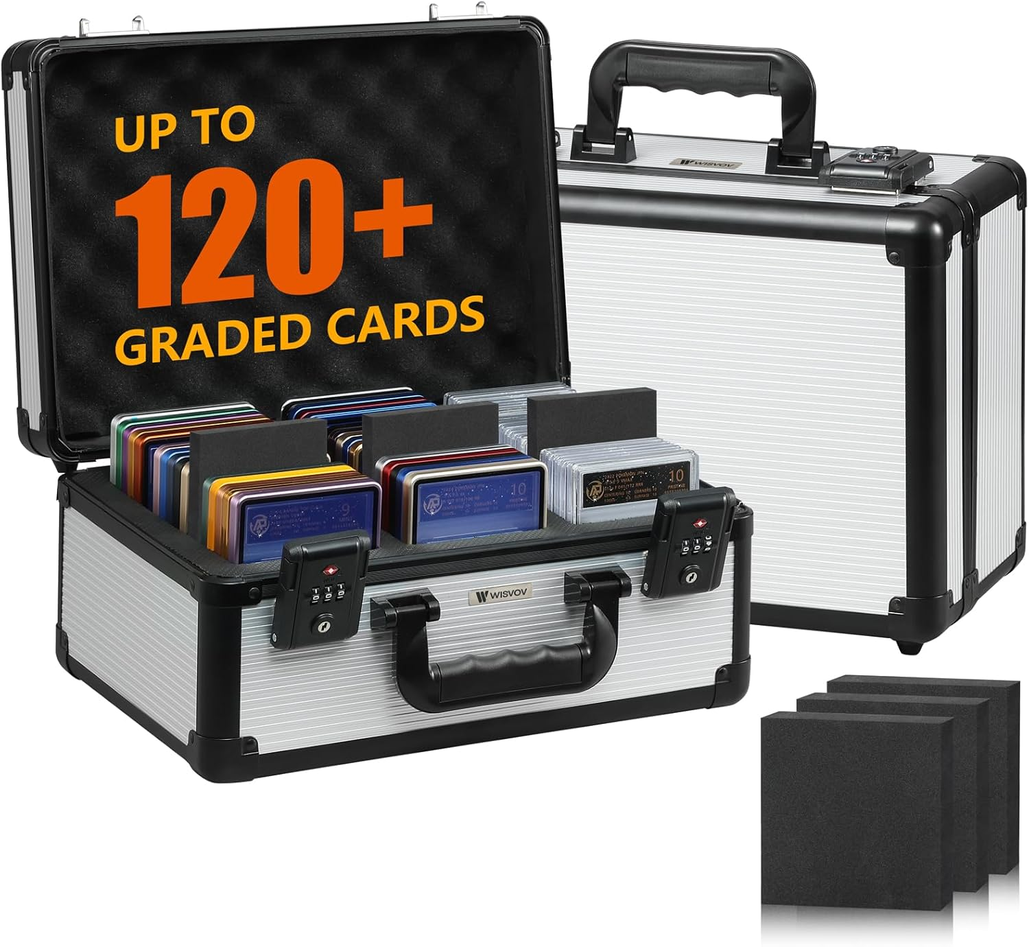 Graded Card Storage Box - TSA Combination Lock Travel Case with 4 Foam Dividers | Waterproof Slab Case Fits for PSA/BGS/CSG/FGS up to 120+ Cards | New Year Gift for Card Collectors (Silver)