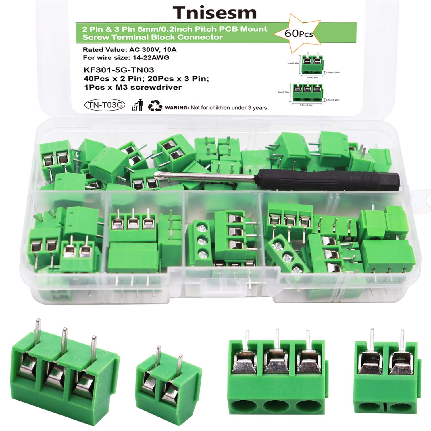 /60pcs 2 Pin & 3 Pin 5mm Pitch PCB Mount Screw Terminal Block Connector TN-T03G