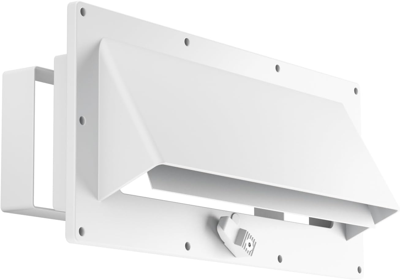 Aluminum RV Exhaust Range Hood Vent Cover with Adjustable Collar Depth & Locking Damper - Sunproof Camper Stove/Microwave Exterior Sidewall Ventilation Replacement for Trailers, Motorhomes (White)