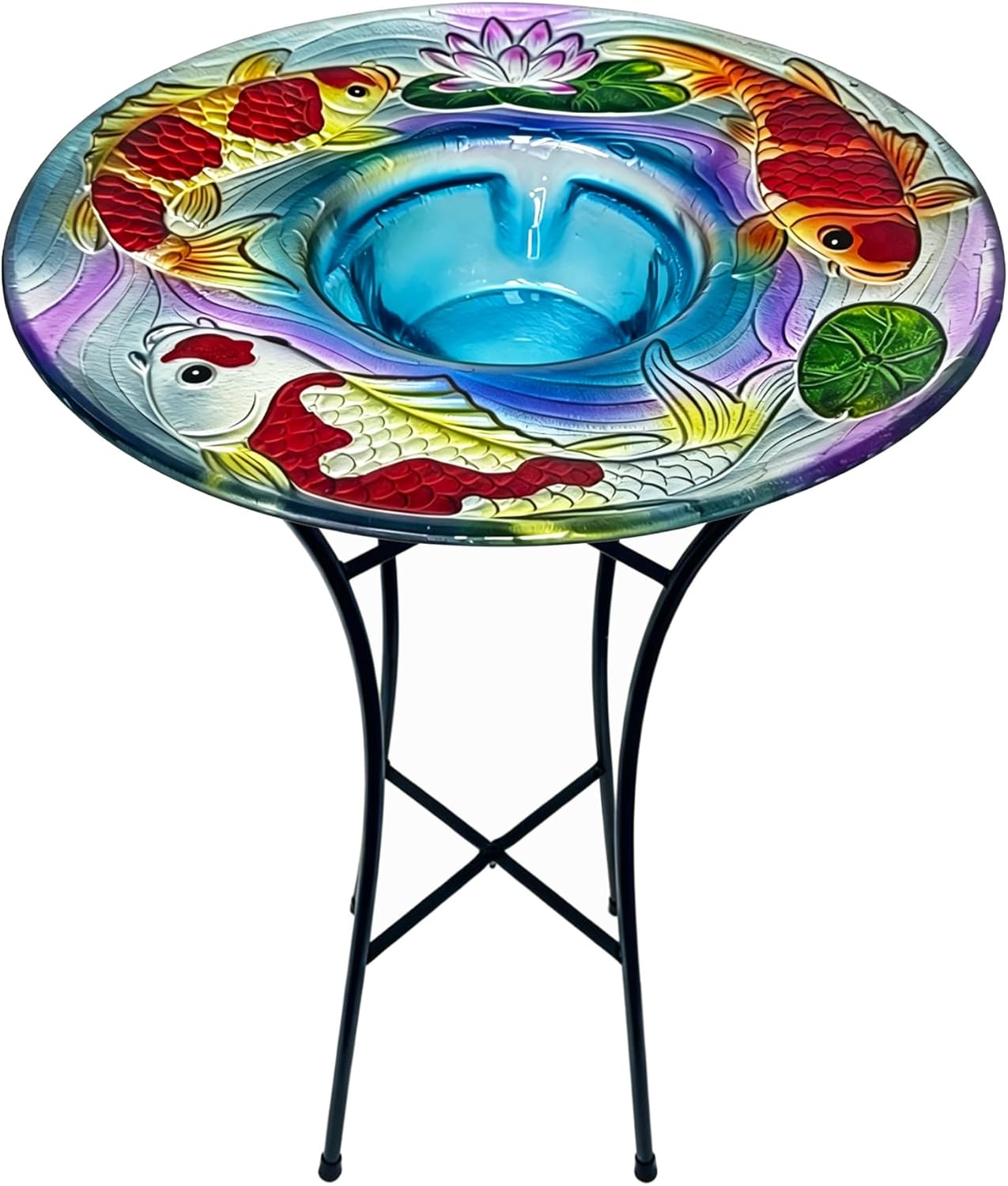 Bird Bath with Stand for Outside, Fits Solar Fountain Pump, Glass Birdbath Bowl for Garden Yard, Koi Design, Decorative Indoor Outdoor, Easy Clean, 21