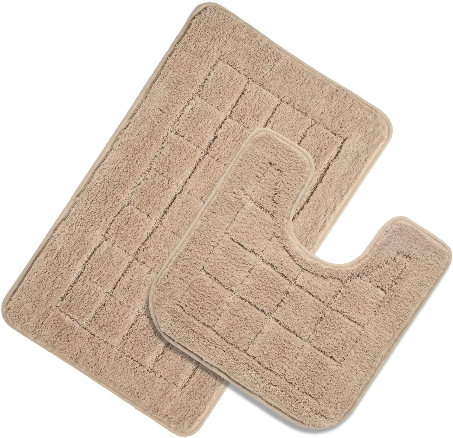 HEBE Bath Rug Set 2 Piece Beige Non Slip Bathroom Contour Rug Combo Microfiber Bath Shower Mat and U-Shaped Toilet Rug Machine Washable(21X34+20X20)