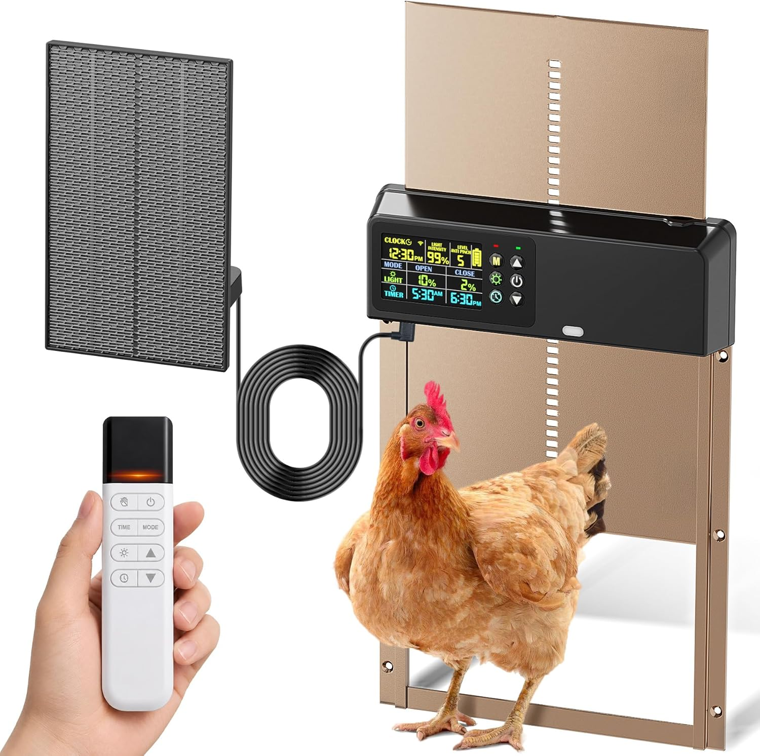 Automatic Chicken Coop Door: 3500Mah Solar Powered, 656Ft Long-Range Remote, Intuitive Color LCD Display, Anti-Pinch Safety Sensor, Weather-Resistant Aluminum Auto Door for Poultry