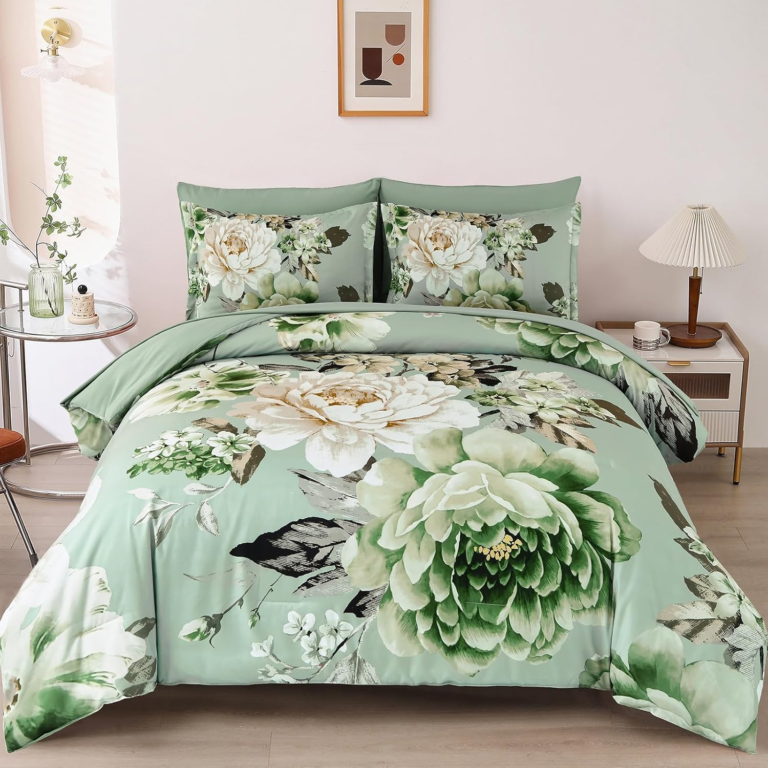 Comforter Set King Size 7 Pieces Sage Green Floral Bed in a Bag,Elegant Flower Bedding Sets Lightweight Bed Comforter Set for All Season with Flat Sheet, Fitted Sheets, Pillowcases & Shams