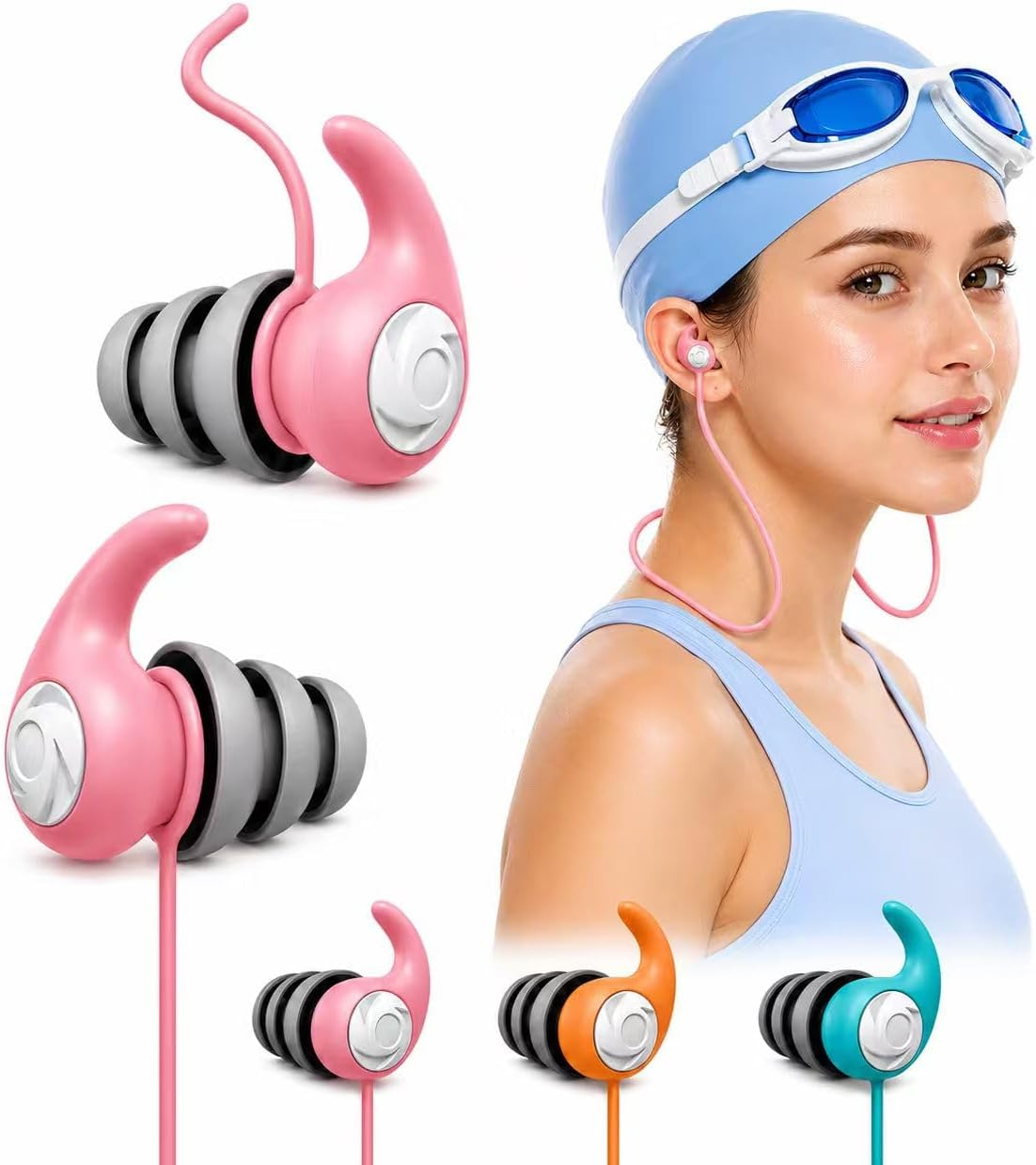 Swimming Ear Plugs for Adults Kids with Lanyard, 3 Pairs Swim Earplugs