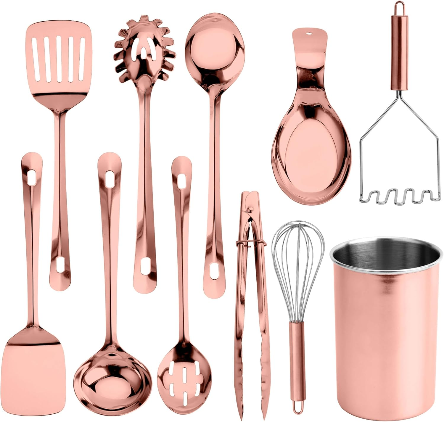 Kitchen Utensil Set - 10-Piece Premium Nonstick & Heat Resistant Kitchen Gadgets, Turner, Spaghetti Server, Serving Spoons, Whisk, Tongs, Masher & Utensil Holder, Rose Gold