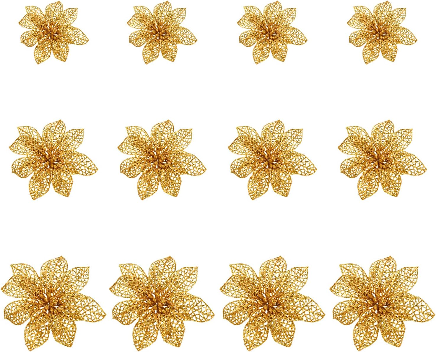 Euvoym 12 Pieces Gold Christmas Large Poinsettia Glitter Flower Tree Hanging ... - Picture 2 of 15