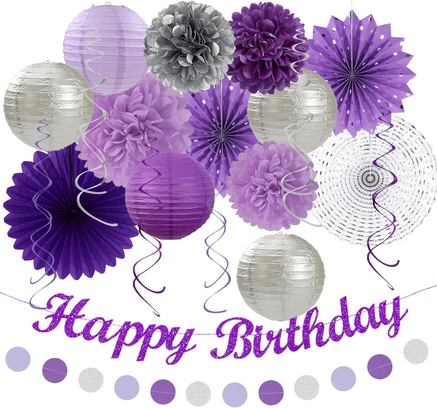 Purple Lilac-Lavender Silver Women Birthday Party-Decorations - 21Pc Happy Banner,Paper Lanterns Streamers,Tissue Pom Poms Honeycomb Flower Fan, Girls Hanging Decor Supplies Garland Backdrop
