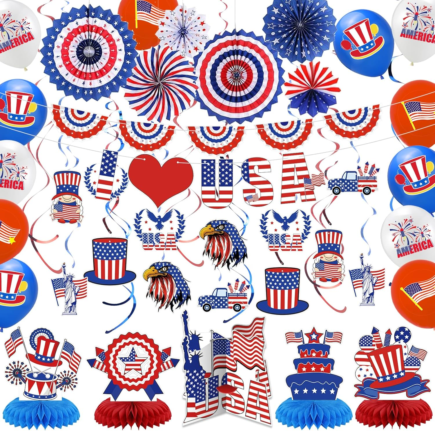4Th of July Décor Patriotic Decorations-I LOVE USA Banner Red White Blue Paper Fans Hanging Swirls Centerpieces for Fourth of July, Veterans Day, Labor Day, Presidents Day, Flag Day, Independence Day