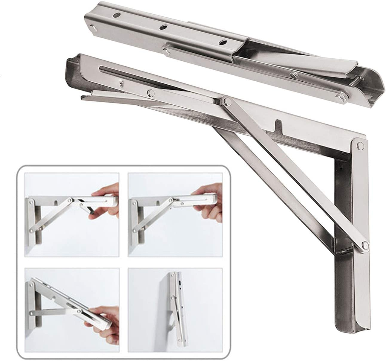 CLT 20'' Folding Shelf Brackets Max. Load 550 Lb, Heavy Duty Stainless Steel DIY Wall Mounted Shelf Bracket Space Saving for Table Work Bench, Pack of 2