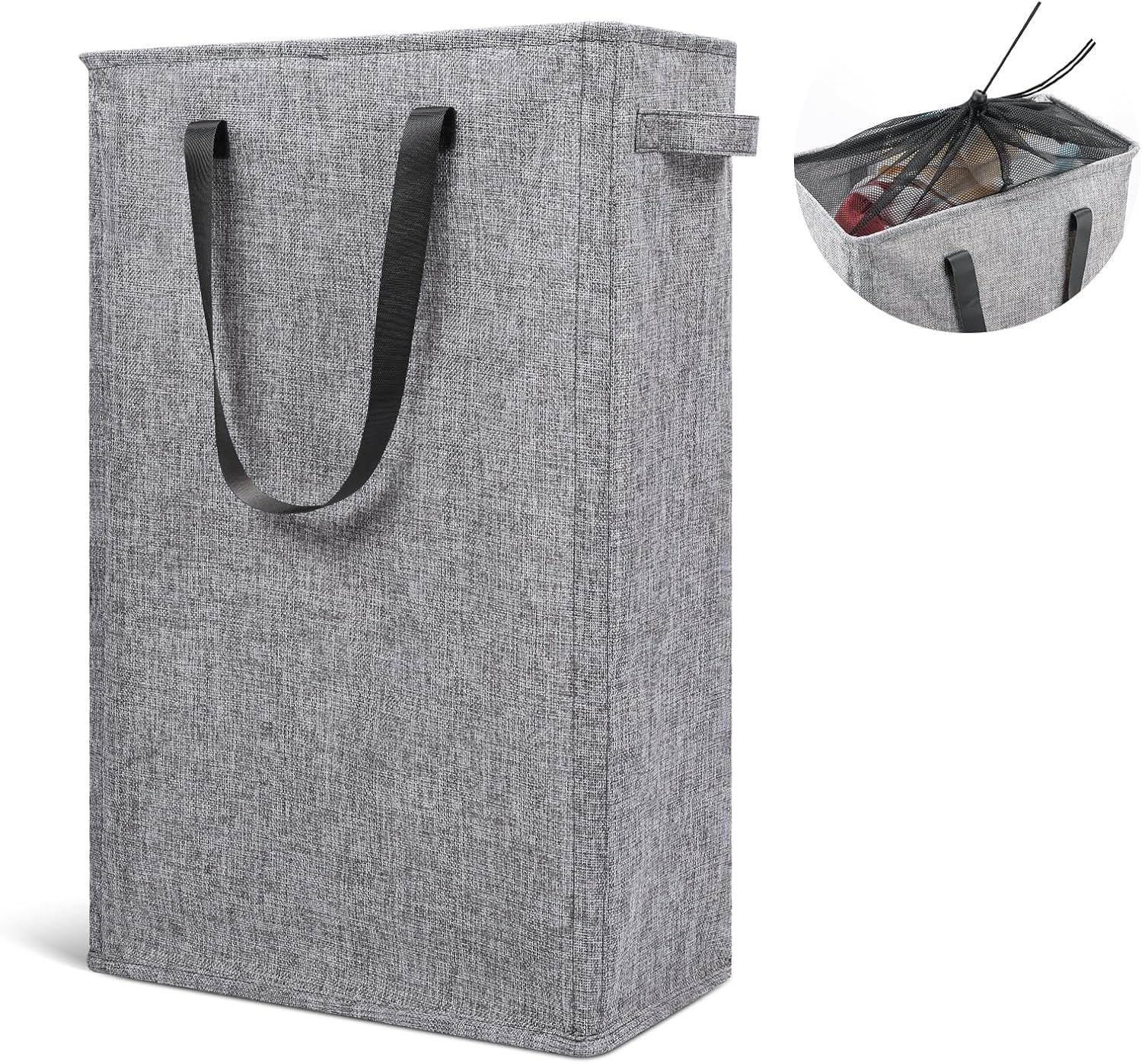 Slim Laundry Hamper Handles Collapsible Laundry Basket Thin Dirty Clothes Basket Narrow Laundry Bag Foldable Dirty Hamper 45L (Heather Grey)