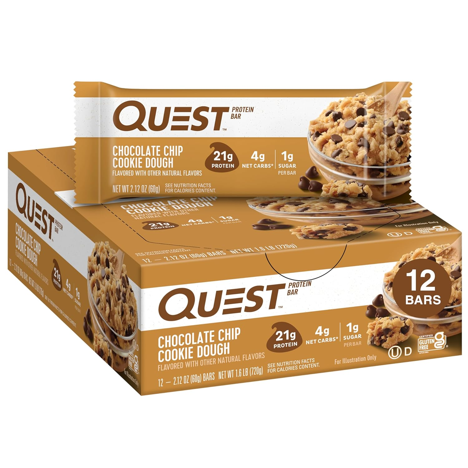 Quest Nutrition Chocolate Chip Cookie Dough Protein Bars, High Protein, Low Carb, Gluten Free, Keto Friendly, 12 Count (Pack of 1)