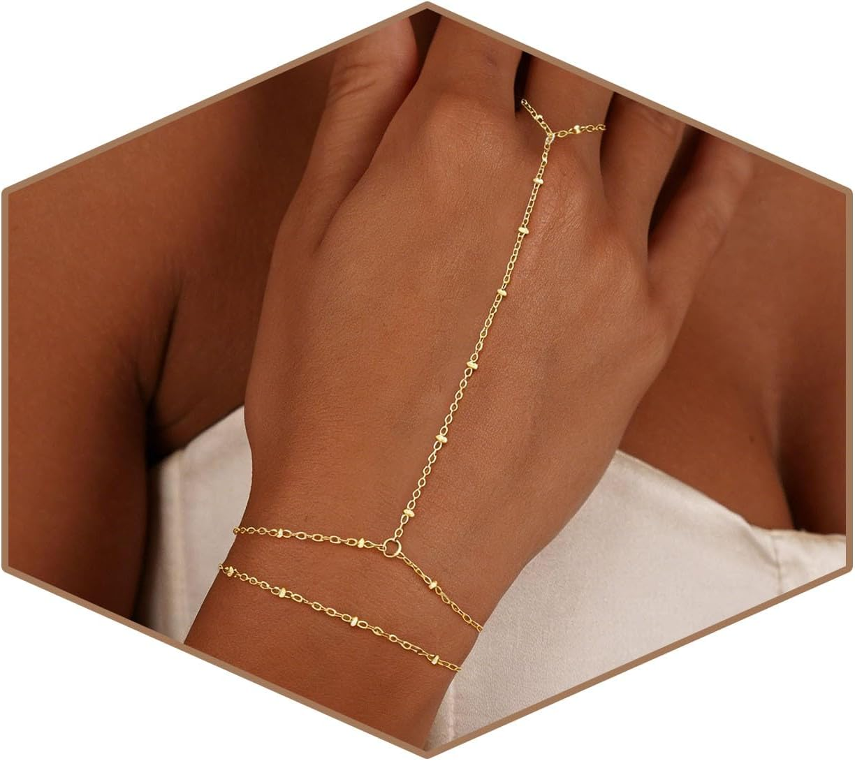 Gold Bracelets for Women Trendy, Dainty Gold Hand Chain Bracelet Stack 14K Gold Plated Finger Ring Bracelet Hand Chain Cz Layered Beaded Gold Bracelets for Women Non Tarnish Gold Jewelry Gift